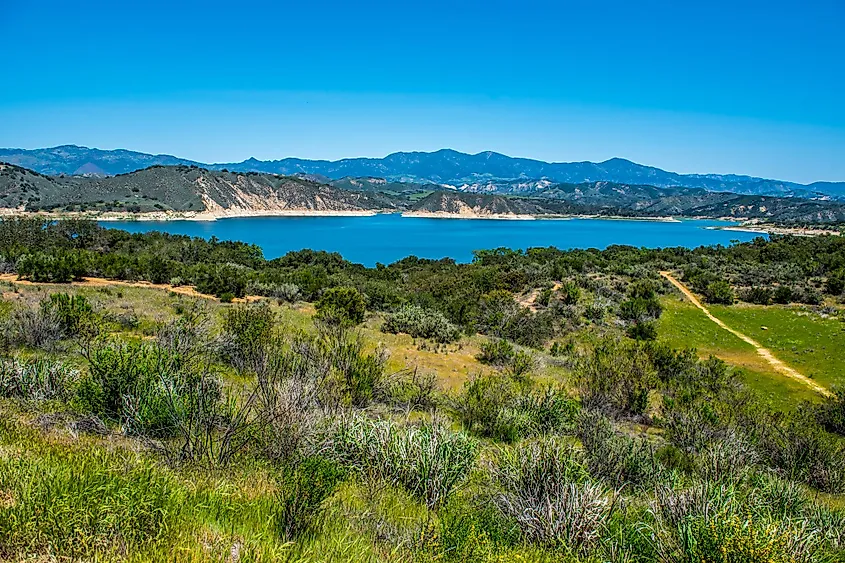 View of Lake Cachuma and the green rolling hills