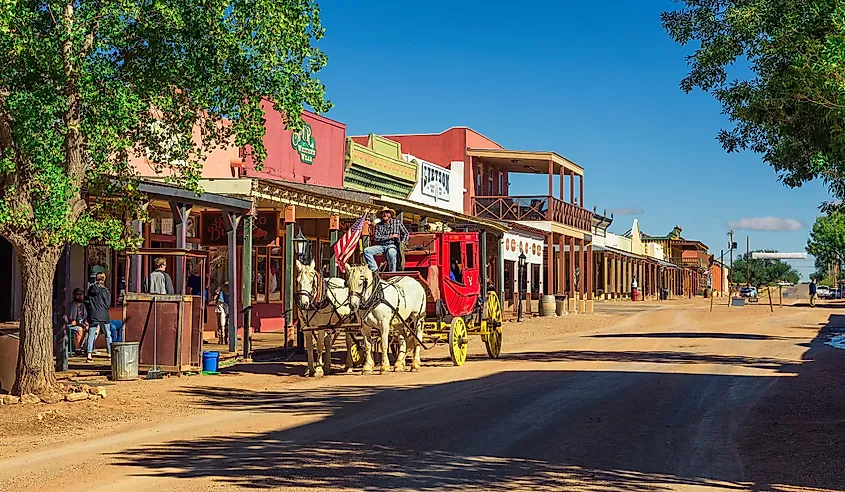 Historic Allen Street with a horse-drawn stagecoach in Tombstone