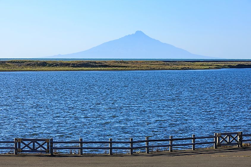 Rishiri Island seen from Teshio Riverside Park in Teshio, Hokkaido, Japan