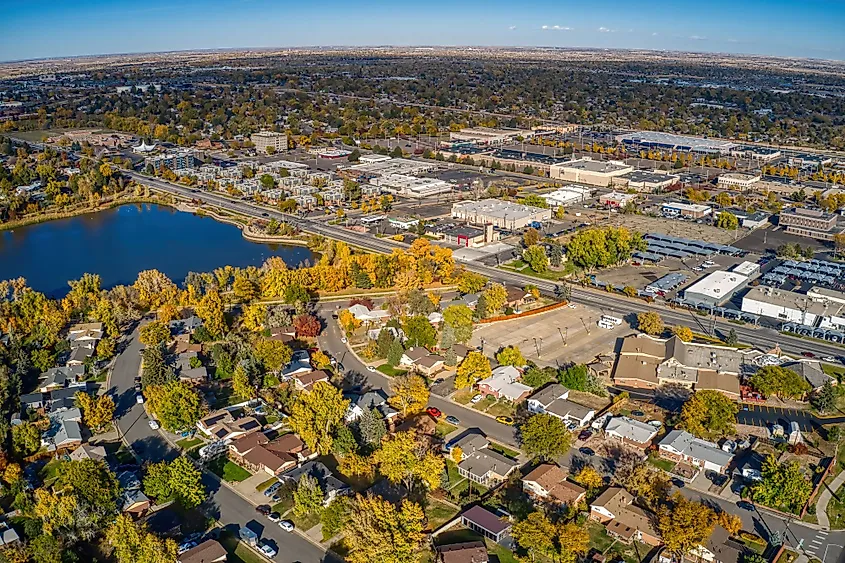 Aerial view of the Denver suburb of Thornton, Colorado, during autumn.