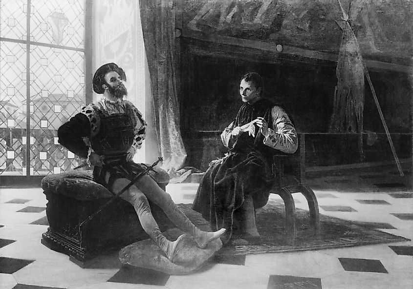 Machiavelli (1469-1527) in an imagined scene with Borgia, Cesare. 