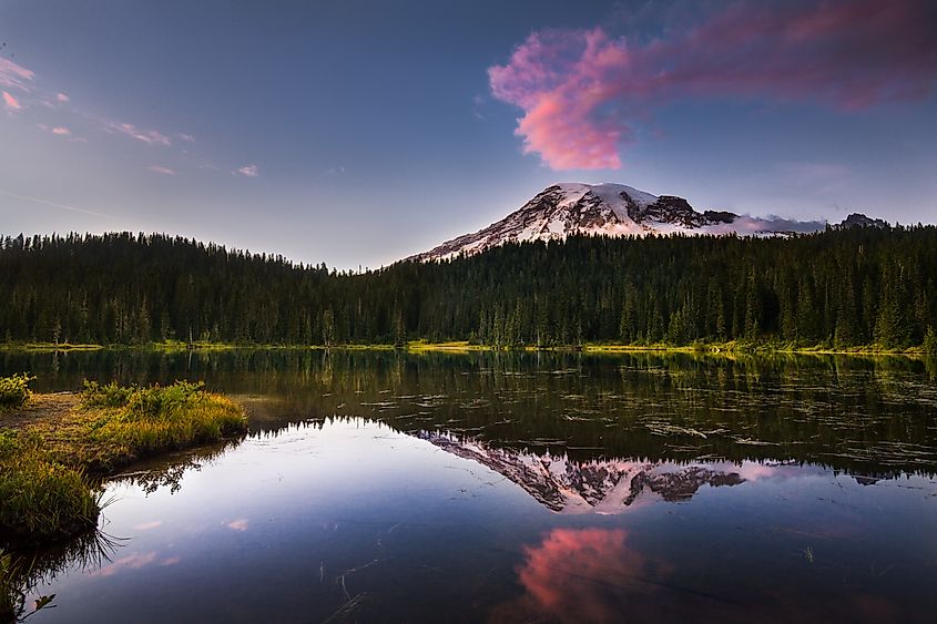 Reflection of the sunset over Mt. Ranier in Reflection Lake Mount Rainer National Park, Washington.