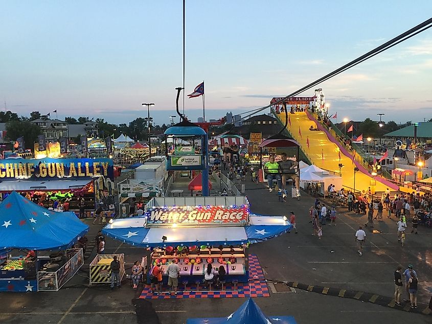 Crowds and rides at the Ohio State Fair in Columbus, Ohio.