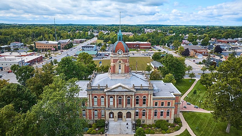 Aerial View of Elkhart County Courthouse in Goshen, Indiana.