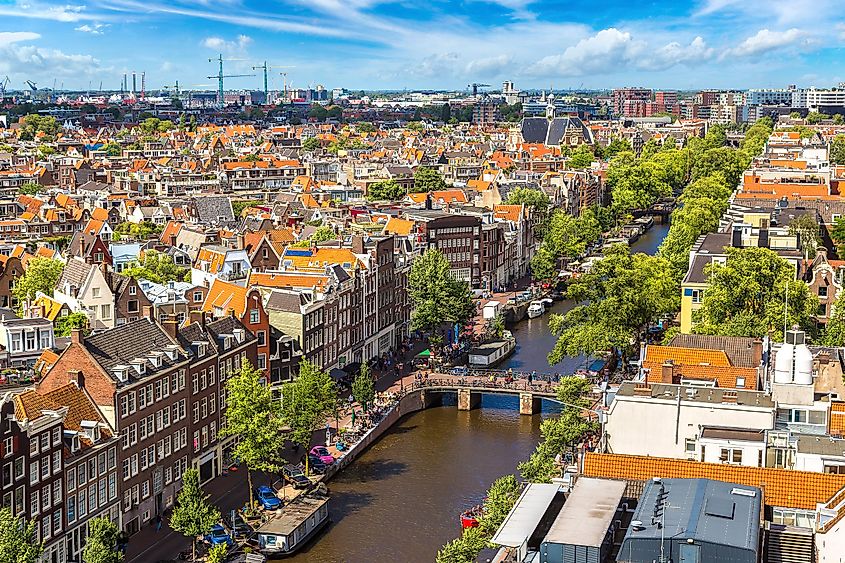 Panoramic aerial view of Amsterdam in a beautiful summer day, The Netherlands