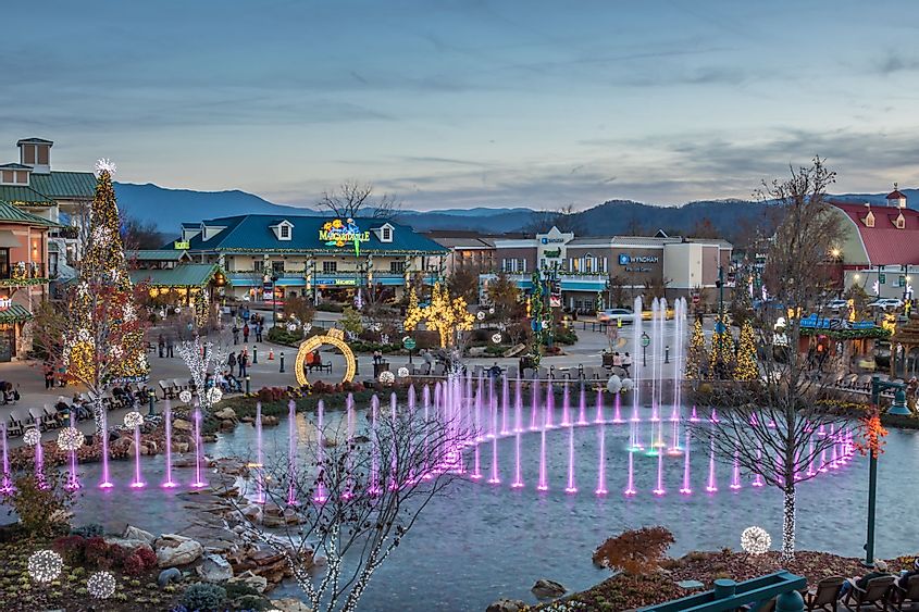 A colorful display from The Island show fountain in Pigeon Forge, Tennessee