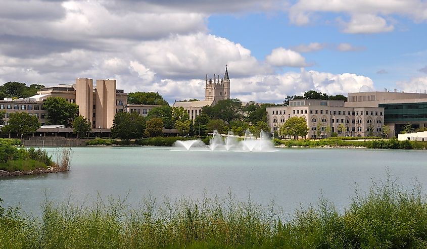 Waterfeatures in front of the building of the Northwestern University campus