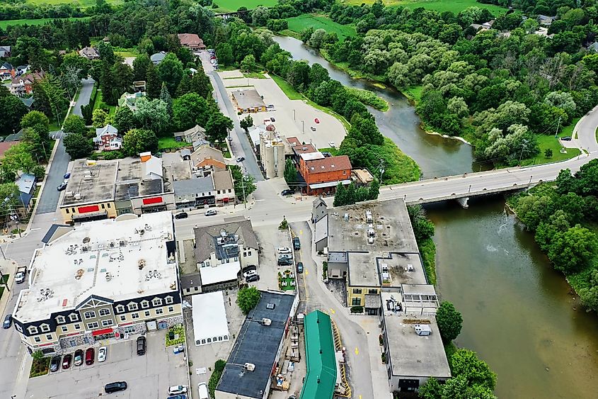 An aerial scene of St Jacobs, Ontario