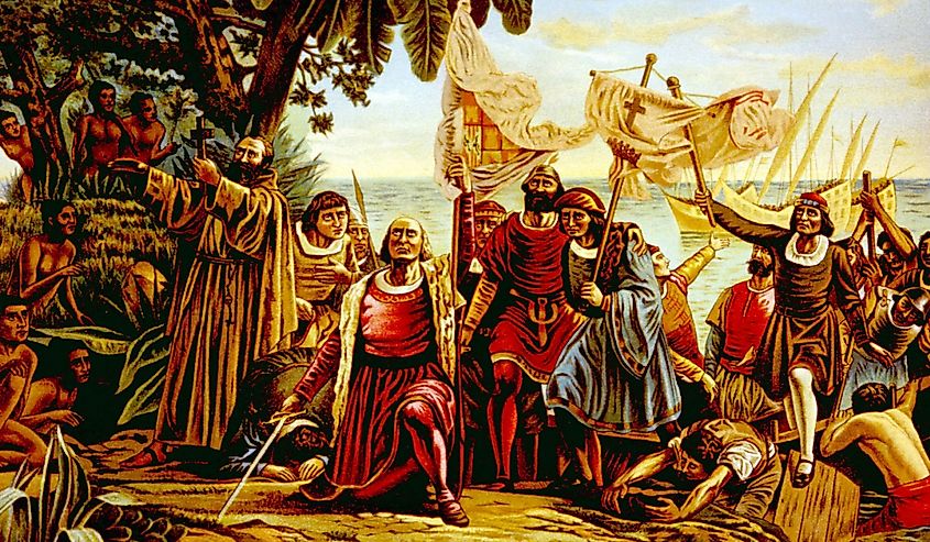 Christopher Columbus landing in the New World in 1492. 