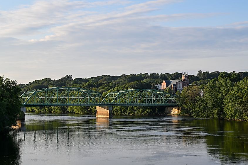 The Bernard Lown Peace Bridge spanning the Androscoggin River, connecting the Maine cities of Lewiston and Auburn.
