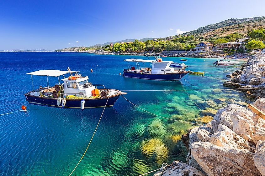 Fishing boats along the coast of Zakynthos, Greece.