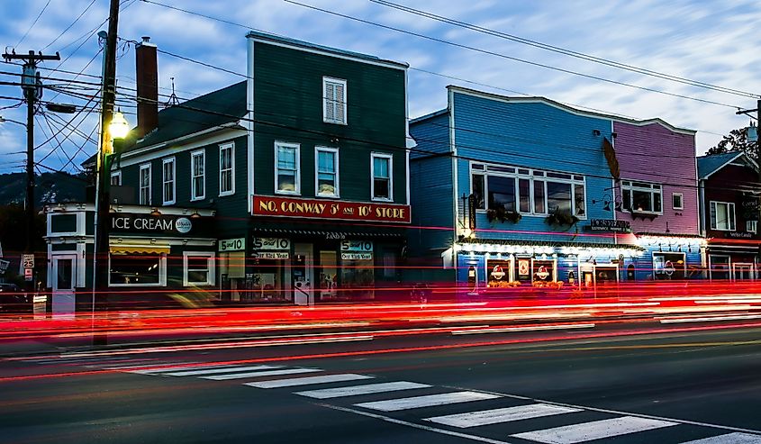 White Mountain Hwy in North Conway with shops. 