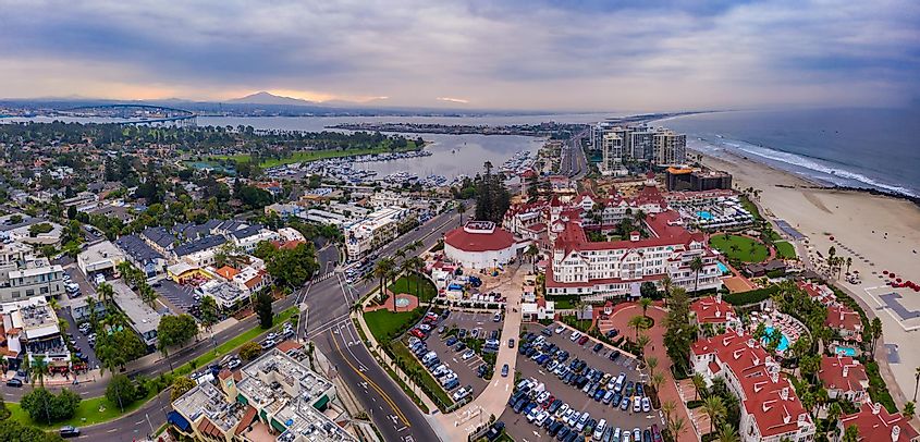 Aerial panorama of Hotel del Coronado and other buildings in Coronado, California.