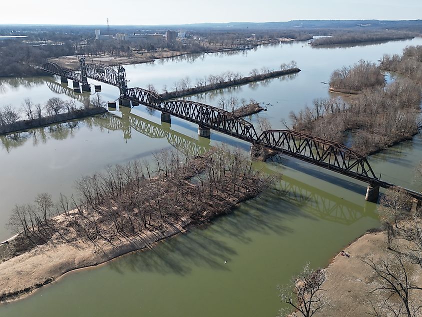 Aerial view of the Arkansas Missouri Railroad bridge spanning the Arkansas River between Van Buren and Fort Smith, Arkansas