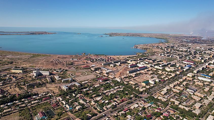 The Kazakh city of Balkhash on the shores of Lake Balkhash.