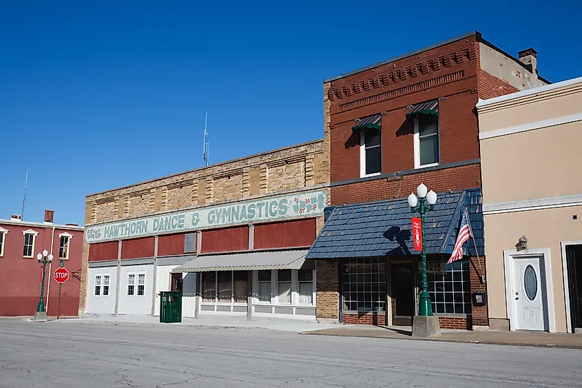 Historic brick buildings in downtown Versailles, Missouri. Image credit Logan Bush via Shutterstock.com