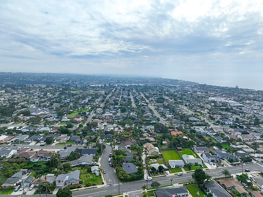 Aerial view of houses in the valley of Oceanside town in San Diego, California.