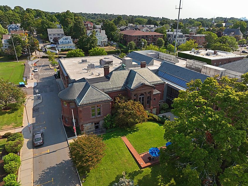 Aerial view of Watertown Free Public Library at 123 Main Street in the historic city center of Watertown, Massachusetts, USA.