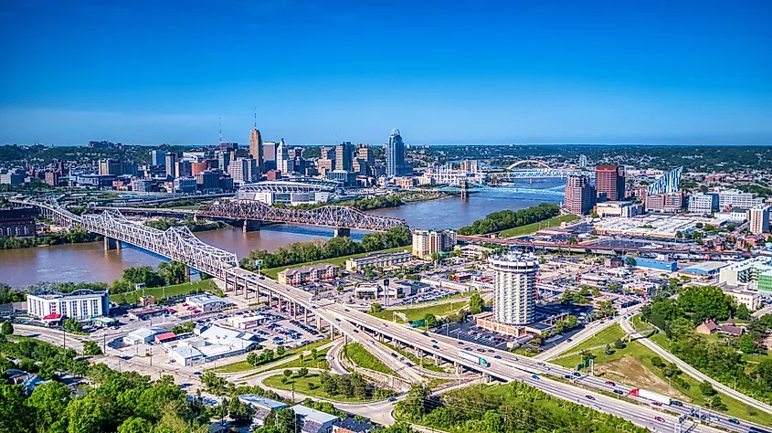 Aerial view of Covington, Kentucky and downtown Cincinnati from Devou Park.