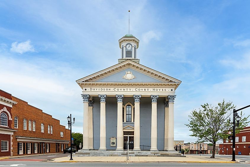 LEXINGTON, NC, USA-8 MAY 2022: The historic Davidson County Court House, now serving as an historical museum. Front elevation view with wide angle perspective.