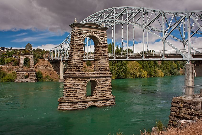 Historical suspension bridge in town of Alexandra in New Zealand.