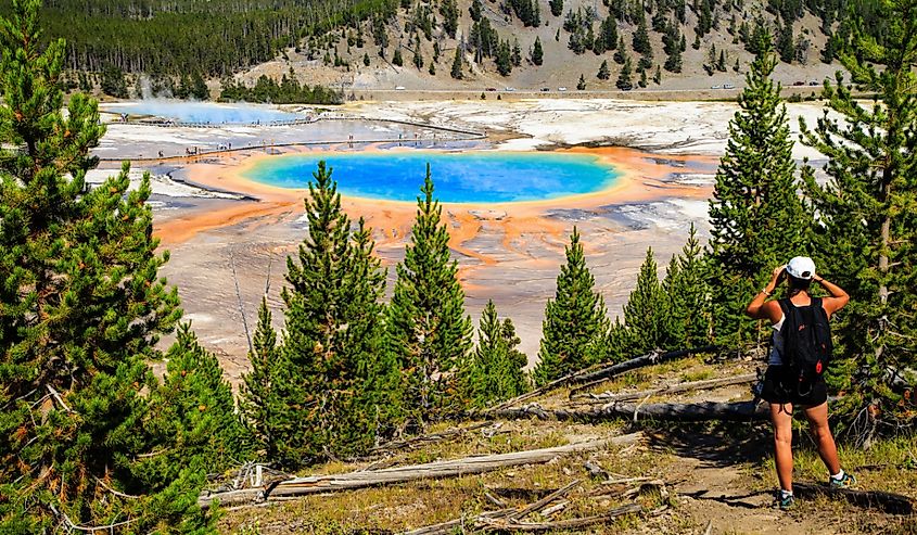 A hiker looking down on Yellowstone National Park's Grand Prismatic Spring in Yellowstone National Park, the largest hot spring in the United States, and the third largest in the world.