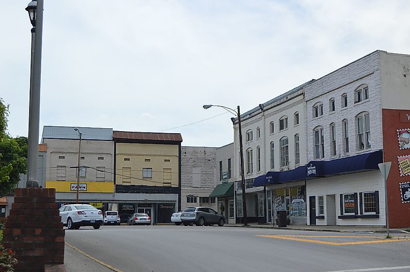 Buildings in the western quadrant of the public square in downtown Burkesville, Kentucky.