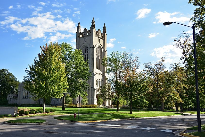 Exterior view of Skinner Memorial Chapel at Carleton College on a bright spring morning, Northfield, Minnesota. Editorial credit: tmphoto98 / Shutterstock.com