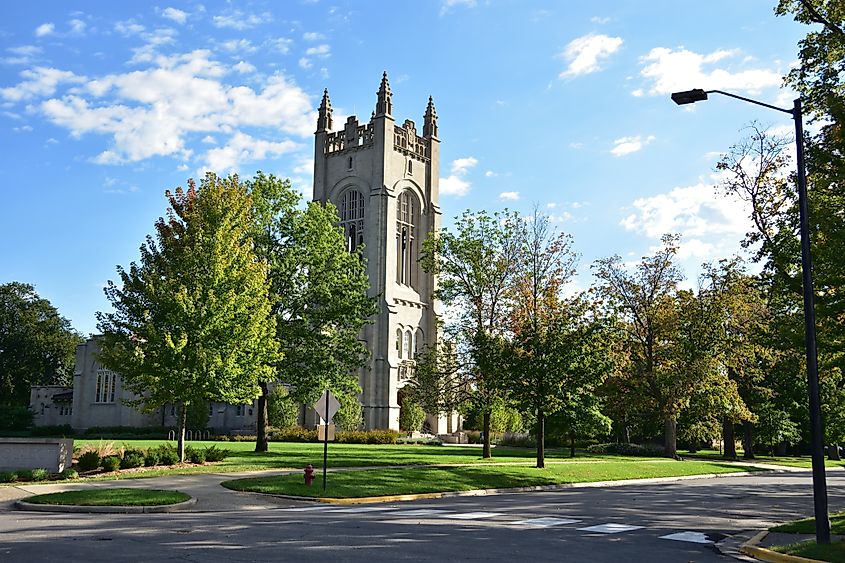 Exterior view of Skinner Memorial Chapel at Carleton College on a bright spring morning,Northfield Minnesota