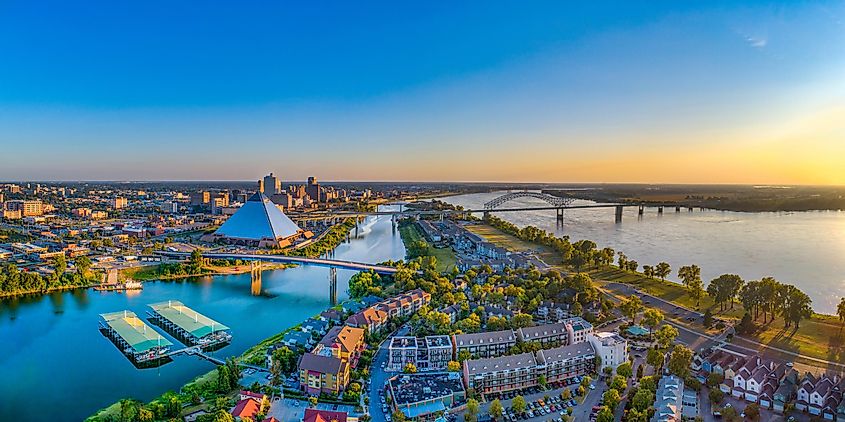 Aerial view of the Memphis, Tennessee skyline on the Mississippi River