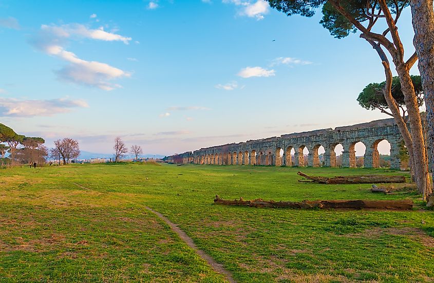 The Parco degli Acquedotti, an archeological public park in Rome, with monumental ruins of roman aqueducts.