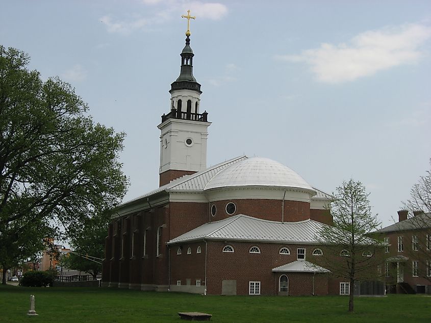 Rear of St. Francis Xavier Catholic Church, located along Church Street in Vincennes, Indiana, United States.