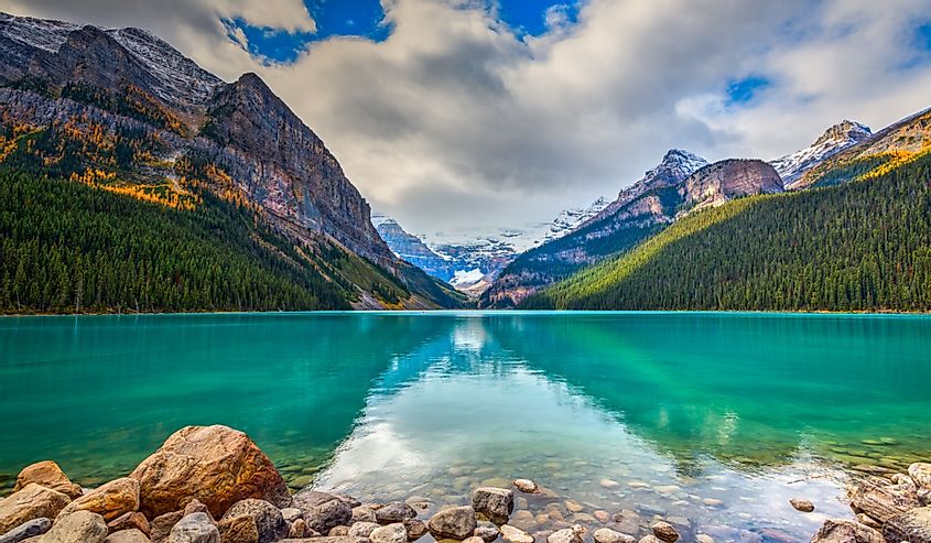 Beautiful autumn views of iconic Lake Louise in Banff National Park in the Rocky Mountains of Alberta Canada