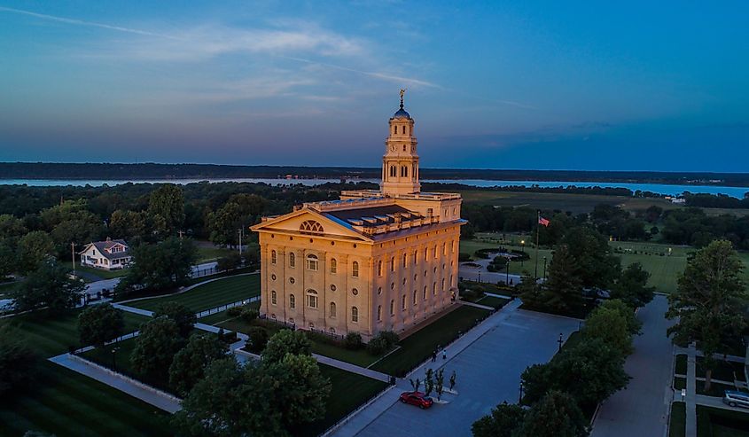 Nauvoo Illinois Latter-Day Saint Temple at dusk