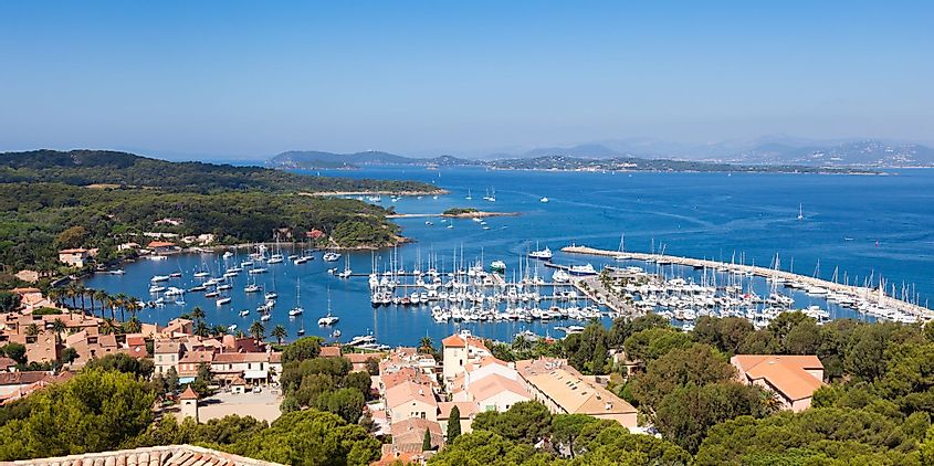 View of Porquerolles Island marina from Fort Sainte Agathe in France