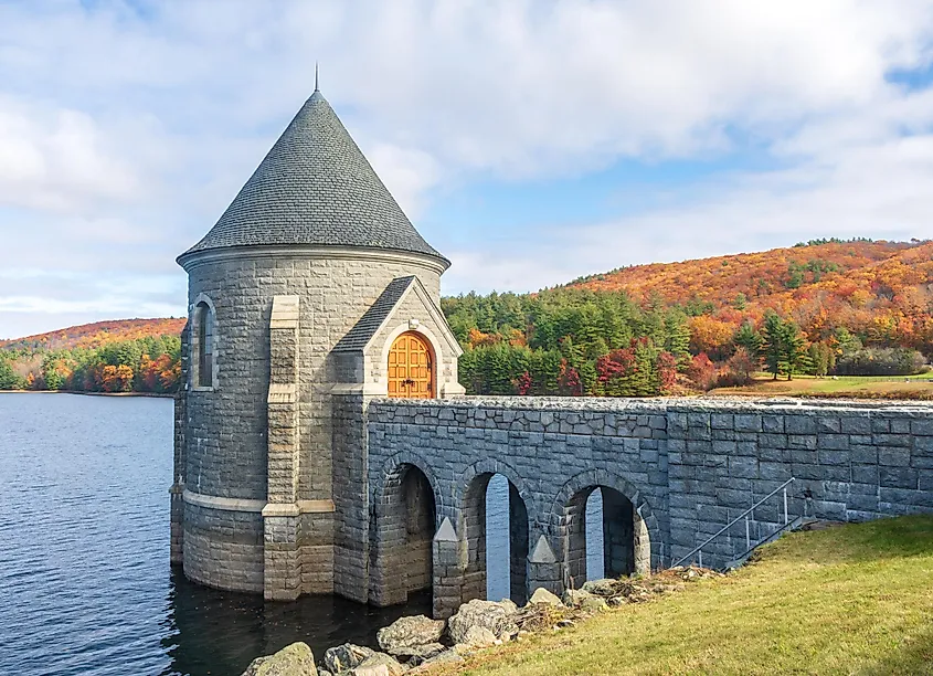 View of the Saville Dam, a landmark in Barkhamsted, Connecticut, located in Litchfield County, New England.