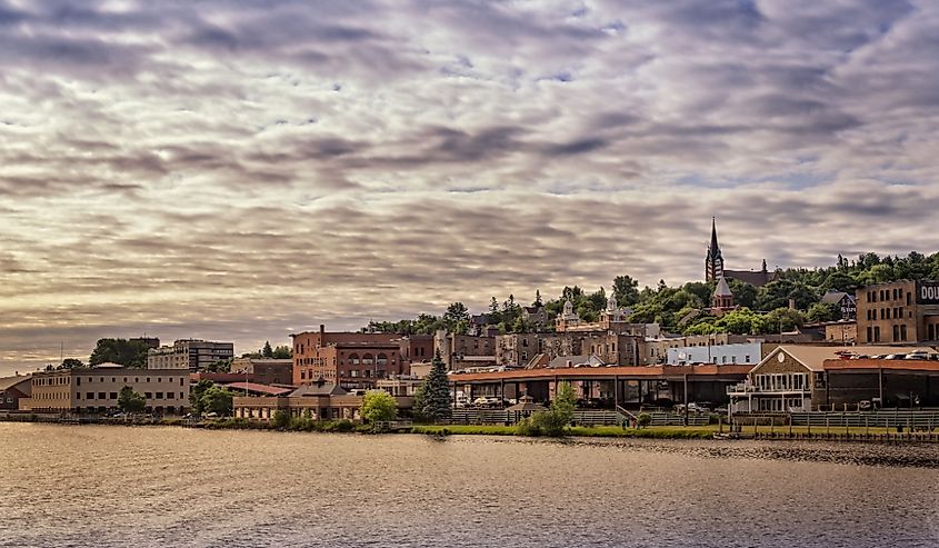 Early morning panoramic view of Houghton, Michigan, from the waterfront.