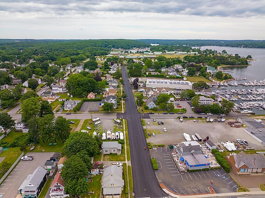 Niantic Village aerial view, Smith Avenue and Niantic Beach, East Lyme, Connecticut, USA.