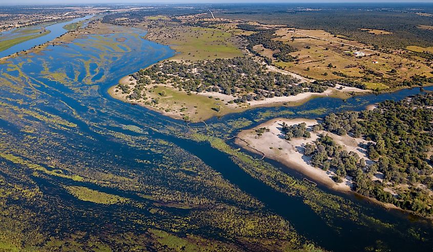 Aerial landscape in Okavango delta on Namibia and Angola border.