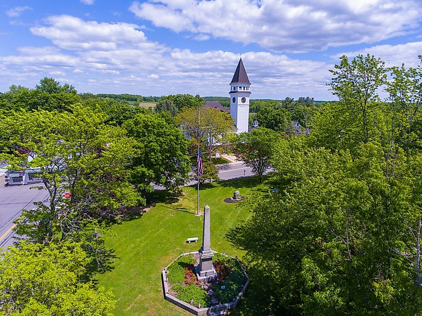 Hollis town hall aerial view at 7 Monument Square in the historic town center of Hollis, New Hamshire NH, USA.