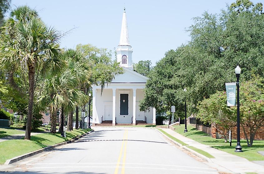 Small old white church located in historic downtown Conway, South Carolina