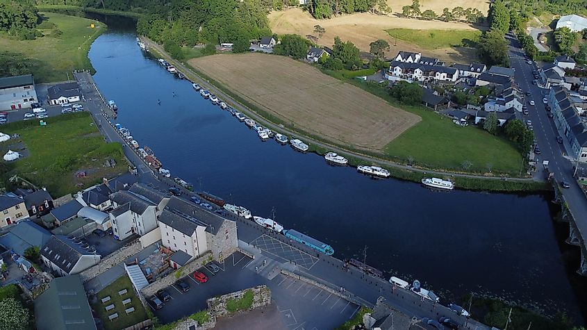Aerial view of the River Barrow flowing through the beautiful town of Graiguenamanagh, Ireland
