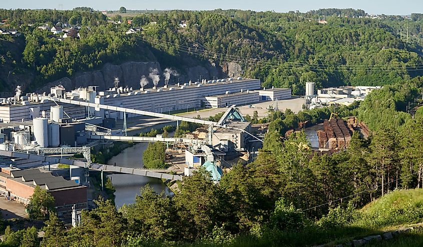 An aerial shot of chemical and paper industry buildings around the Glomma river.