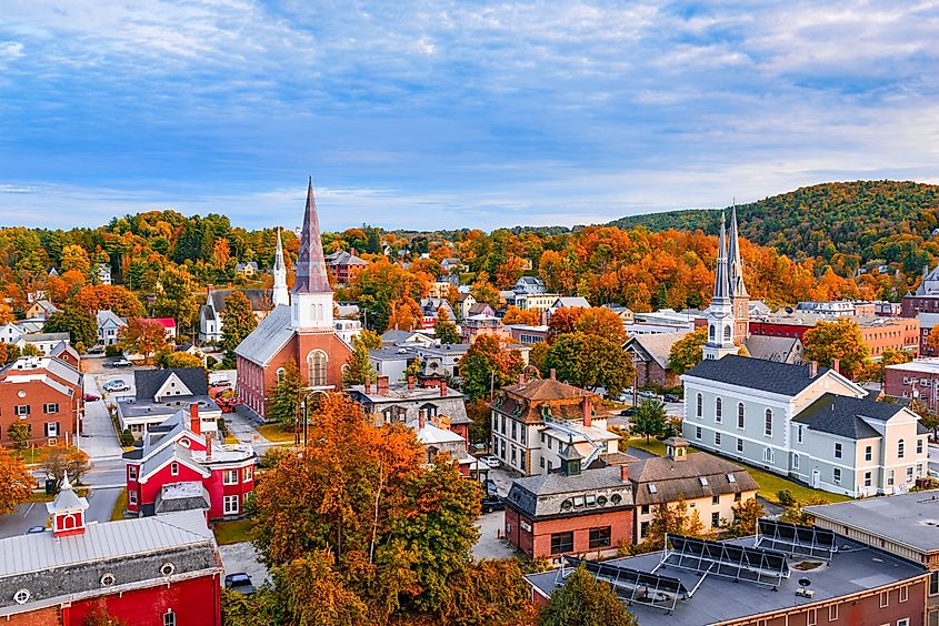 Montpelier, Vermont, USA town skyline during autumn.