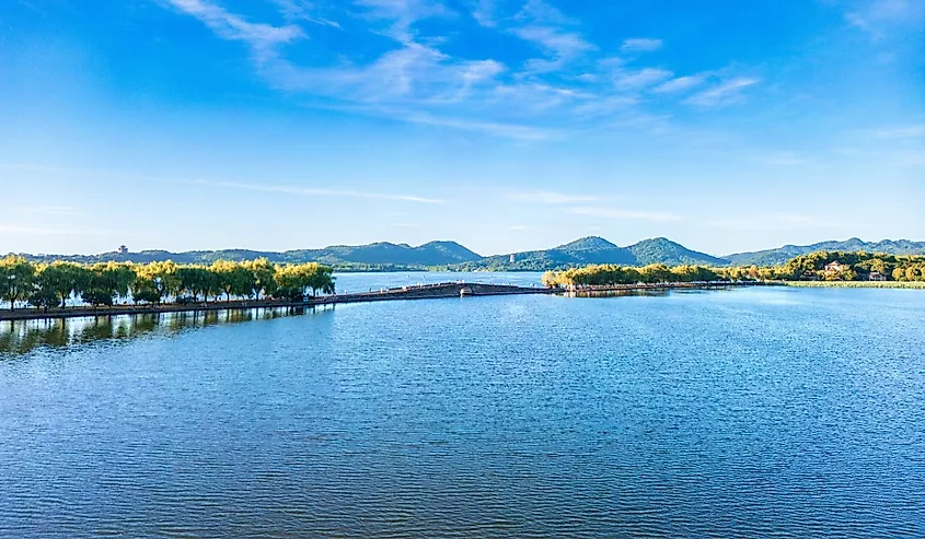 Aerial view of West Lake Scenic Area in Hangzhou, China.