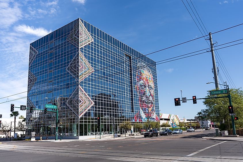 An artistic building in Phoenix's Roosevelt Row Arts District.
