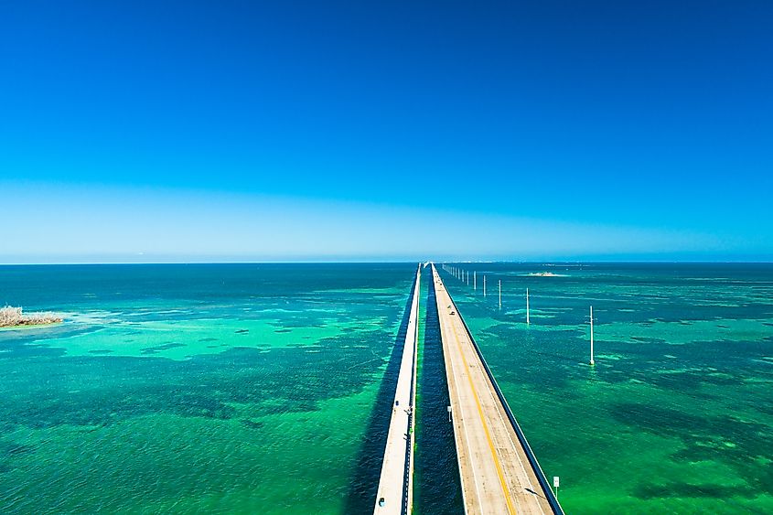 Aerial view of the Seven Mile Bridge in the Florida Keys stretching straight across turquoise ocean waters under a clear blue sky.