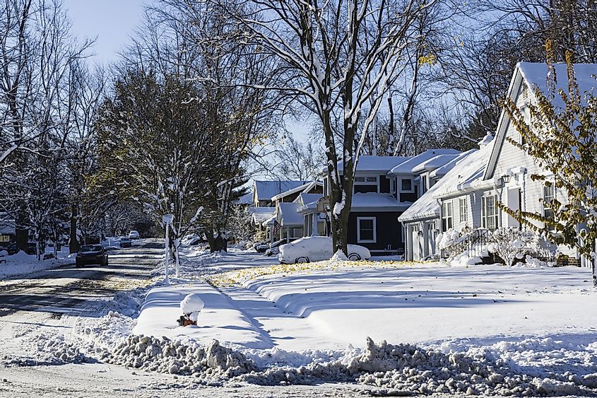 A snow covered neighborhood after an early, heavy snowfall in Rochester, Michigan