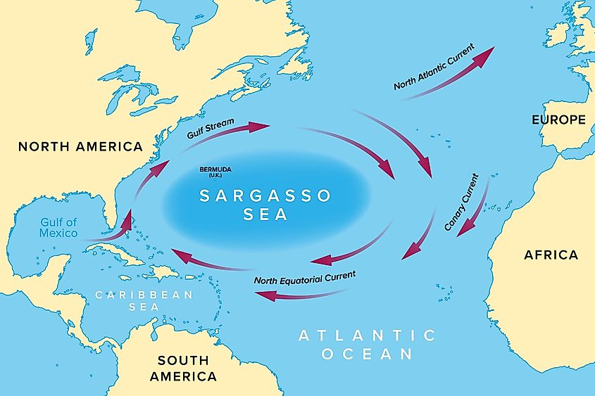 Sargasso Sea, region of the Atlantic Ocean, map.