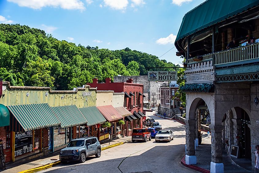Historic downtown Eureka Springs, AR, with boutique shops and famous buildings.